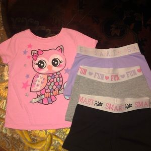 Toddler Shirt and 3 shorts.